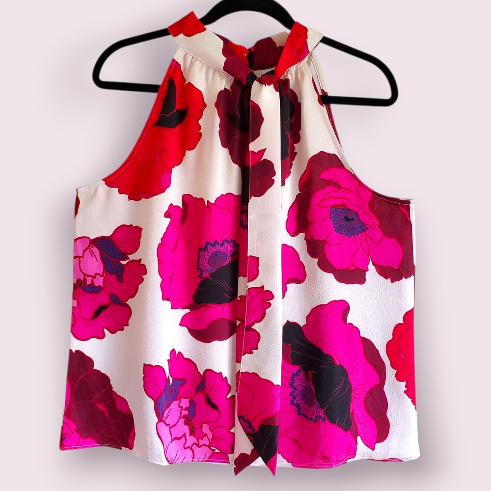 Talbots Women's Floral Sleeveless Halter Top Tie Neck Pink Red‎ Size L